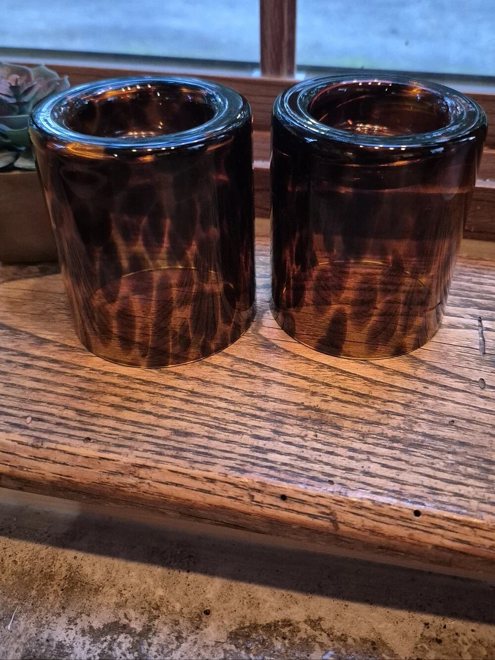 2pc. New Glass Tortoise shell Blown Glass Tealight Candle Holders Set